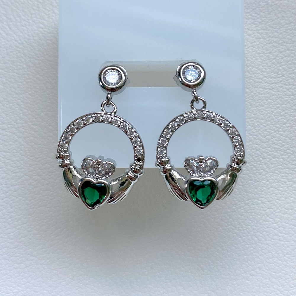 Elegant Silver and Green Heart Earrings